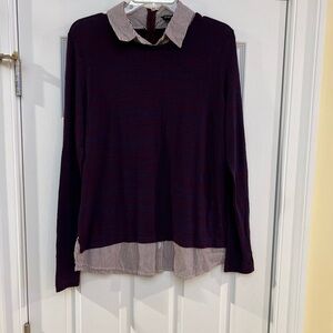Ladies Size Large Sharagano Burgundy Top with Striped Collar Sweater Over tone
